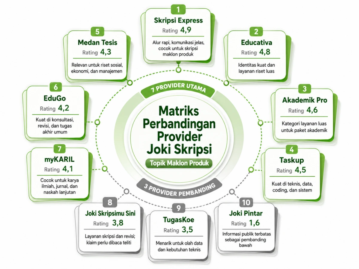 Tabel perbandingan Joki Skripsi untuk topik maklon produk berdasarkan rating dan keunggulan utama.